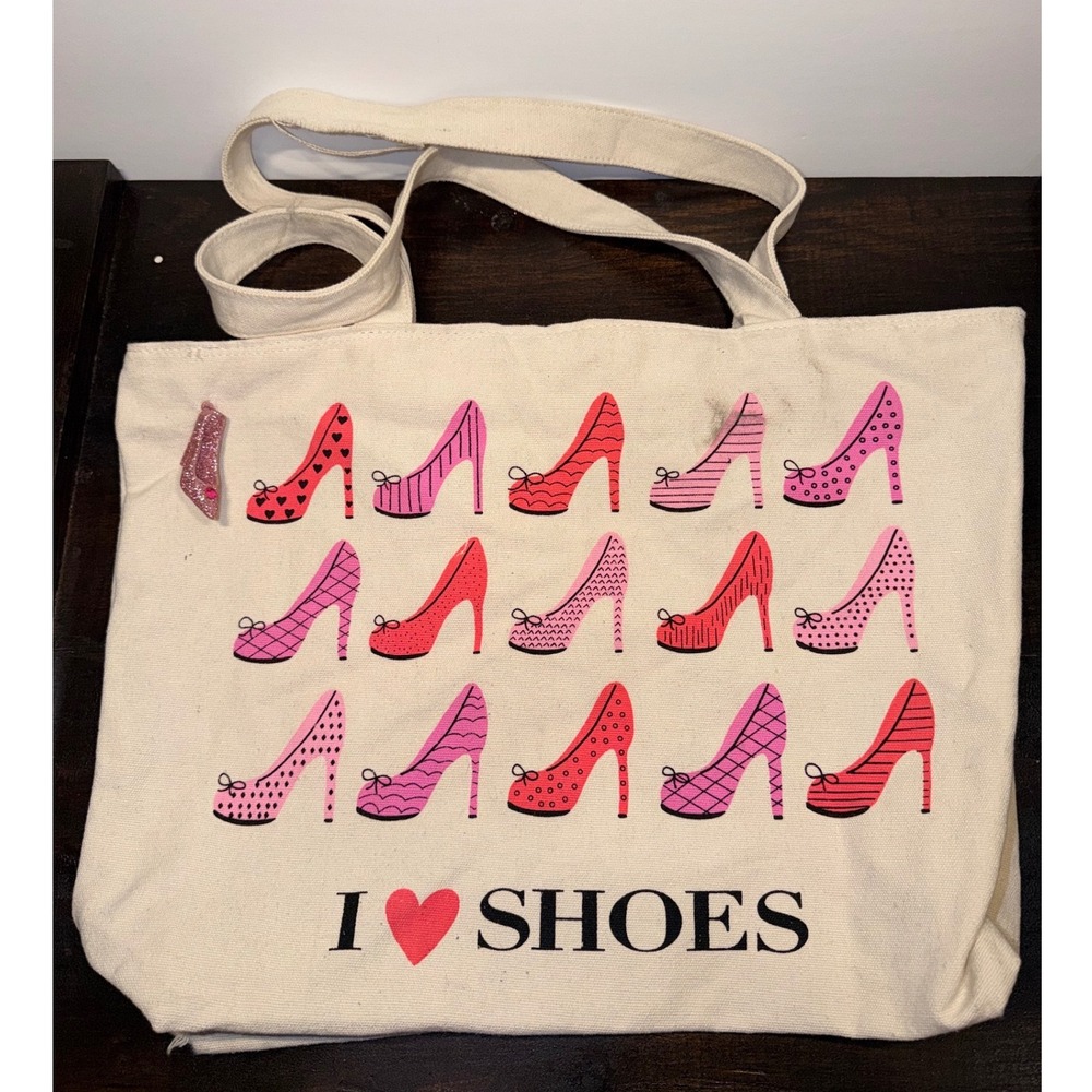 Payless‎ Shoes Canvas Tote Bag Cream I Love Shoes Graphic Pink Zipper Top